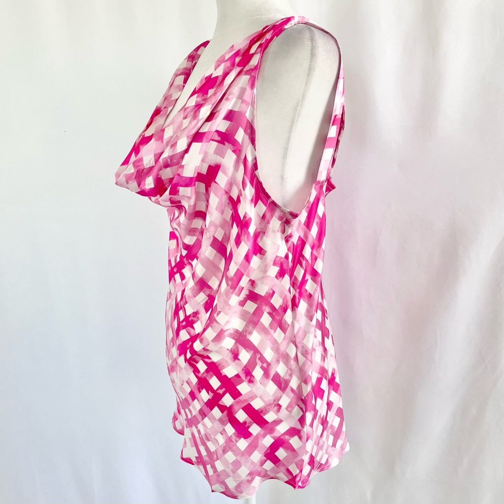 New Chloe Kristyn Gingham Satin Double Strap Cowl Neck Tank Top Pink Size Large - Picture 5 of 16